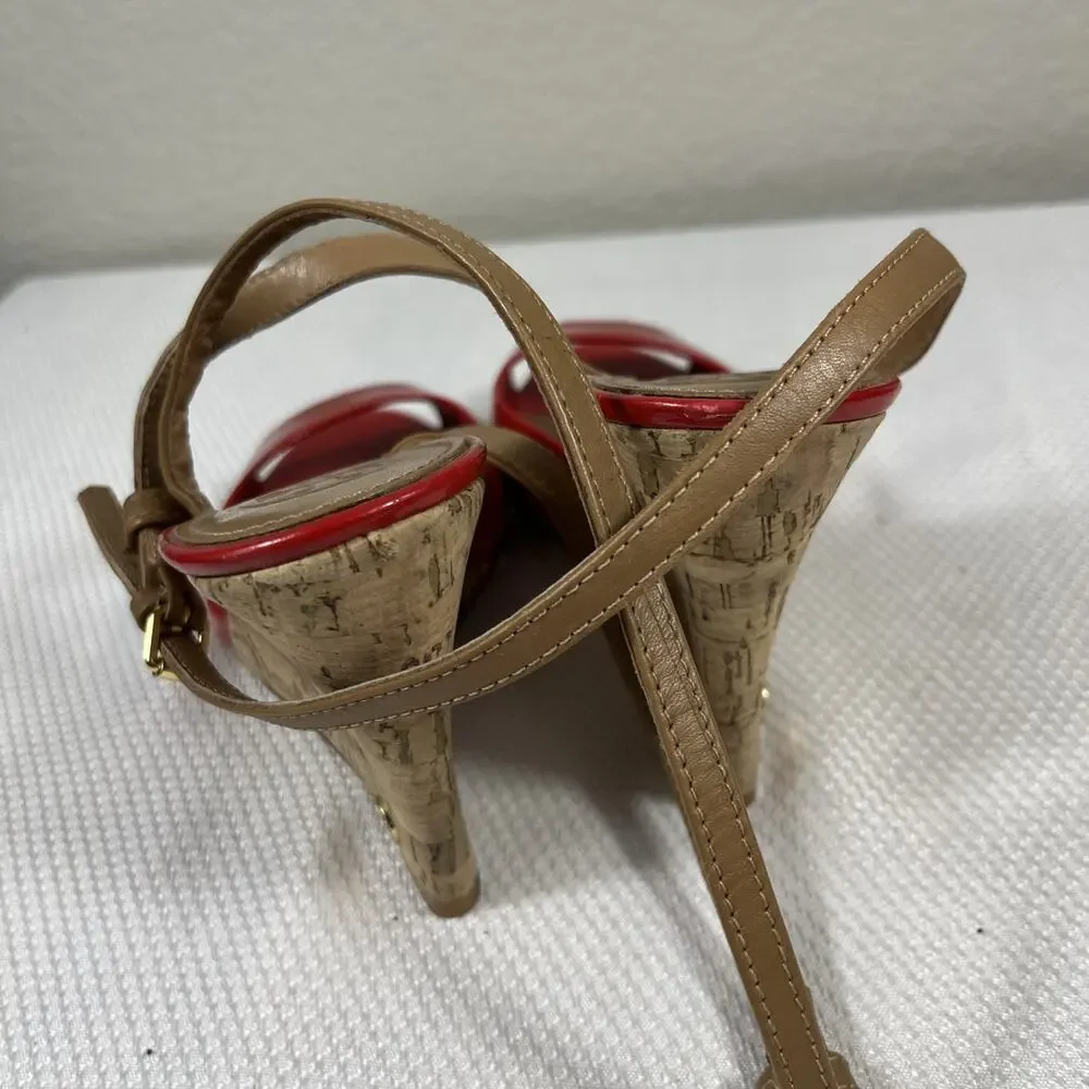 Tory Burch Red‎ Patent Leather Cork Wedge Ankle Strap Peep Toe Sandals size 7 M